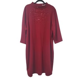 ISAAC MIZRAHI LIVE 3/4 Sleeve Mock Neck Embellished Shift Dress Maroon Beaded 3X